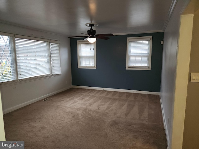 spare room featuring carpet, ceiling fan, and ornamental molding