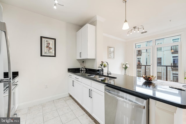 kitchen with dishwasher, crown molding, kitchen peninsula, sink, and white cabinetry