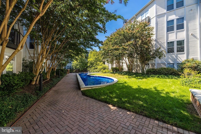 view of pool featuring a lawn