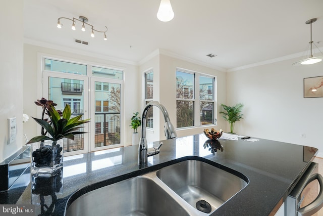 kitchen with dishwasher, hanging light fixtures, crown molding, and sink