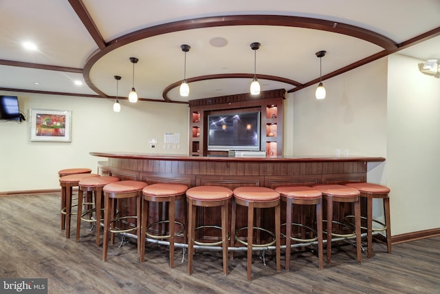 bar featuring pendant lighting and dark hardwood / wood-style floors