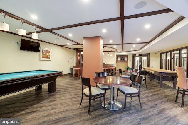 game room featuring dark hardwood / wood-style floors, ornamental molding, and billiards