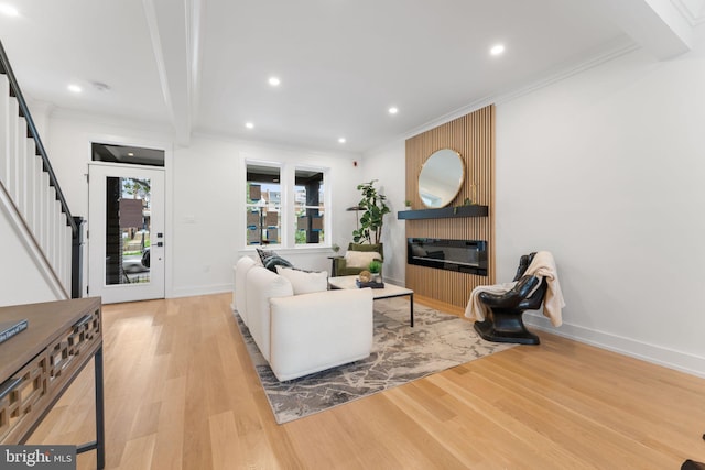 living room featuring a large fireplace, crown molding, and light hardwood / wood-style flooring