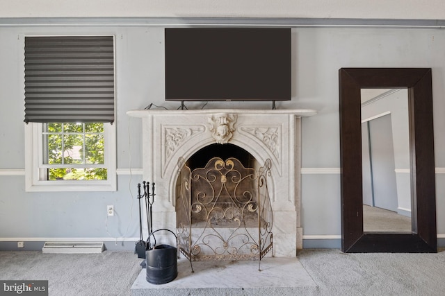 details with carpet flooring and a premium fireplace