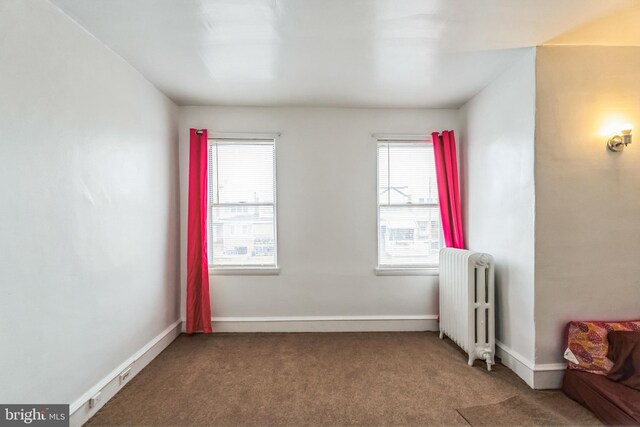 spare room featuring carpet flooring, radiator, and a wealth of natural light