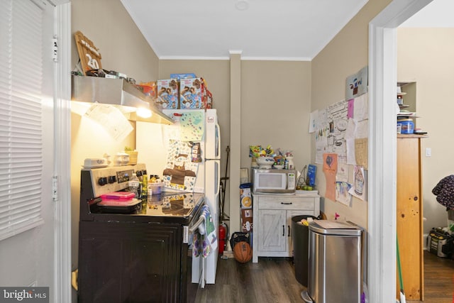 kitchen with crown molding, black electric range, and dark hardwood / wood-style floors