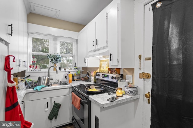 kitchen featuring custom range hood, electric range, white cabinetry, and sink