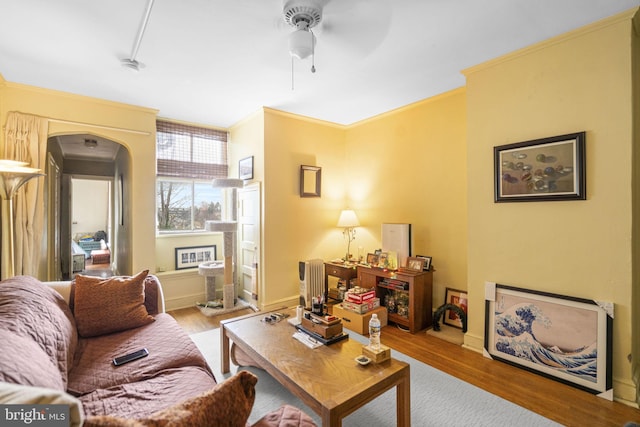 living room featuring ceiling fan, ornamental molding, and light hardwood / wood-style flooring