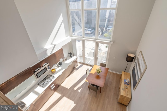 living room with a towering ceiling and light hardwood / wood-style flooring