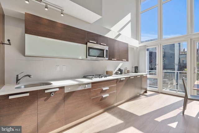 kitchen featuring a wealth of natural light, sink, stainless steel appliances, and a high ceiling