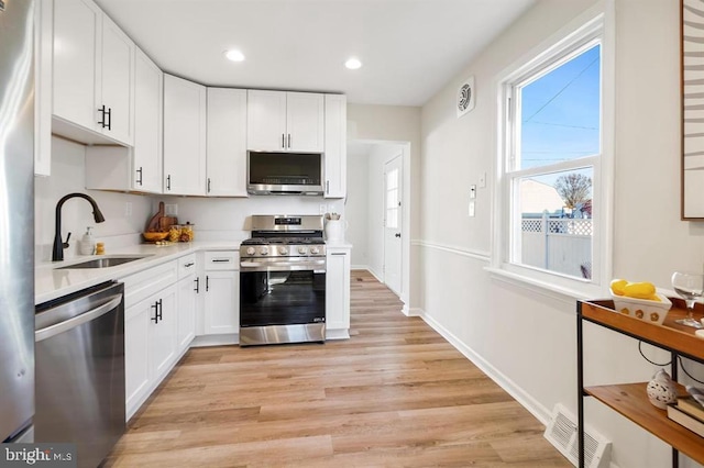 kitchen featuring white cabinetry, sink, stainless steel appliances, and light hardwood / wood-style floors