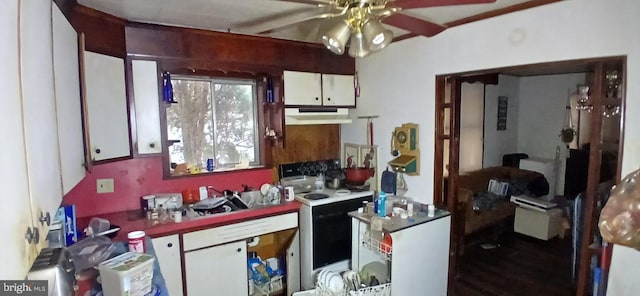 kitchen with white range oven, white cabinetry, and ceiling fan