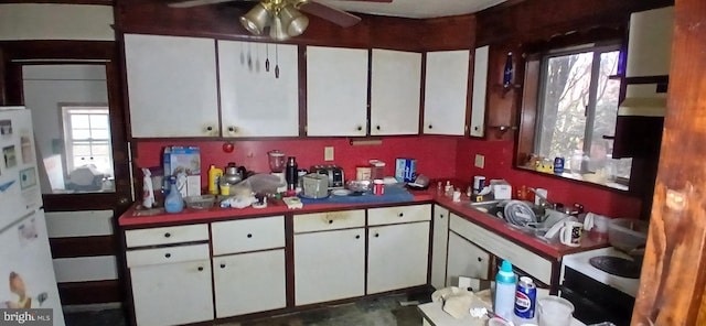 kitchen featuring a wealth of natural light, ceiling fan, and white cabinets