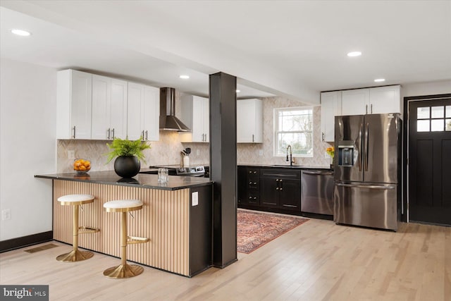 kitchen featuring wall chimney range hood, sink, appliances with stainless steel finishes, white cabinetry, and kitchen peninsula