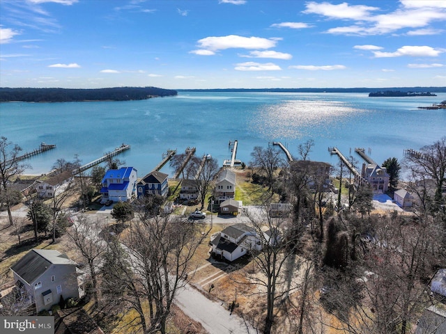 drone / aerial view with a water view