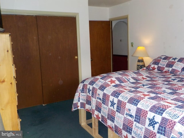 bedroom featuring dark carpet and a closet