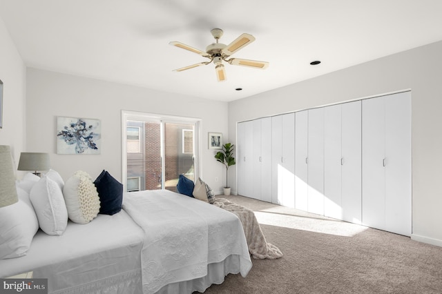 bedroom with carpet flooring, access to outside, and ceiling fan