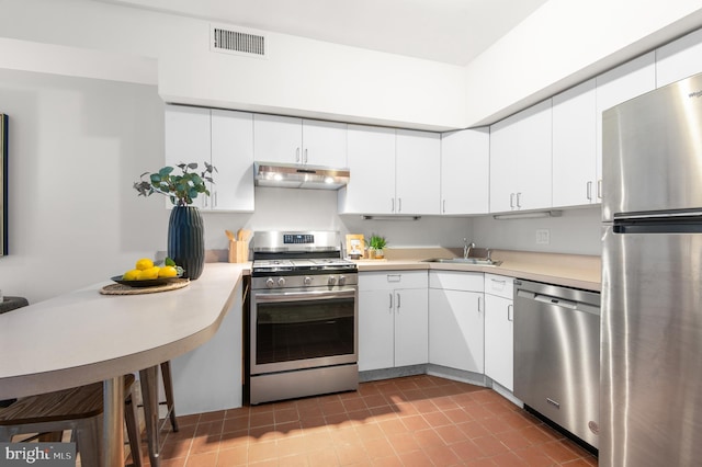 kitchen with white cabinetry, sink, stainless steel appliances, and tile patterned flooring