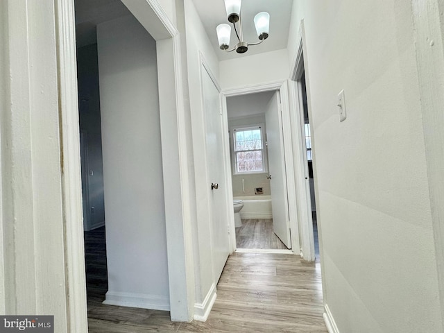 hallway with light hardwood / wood-style floors and a chandelier