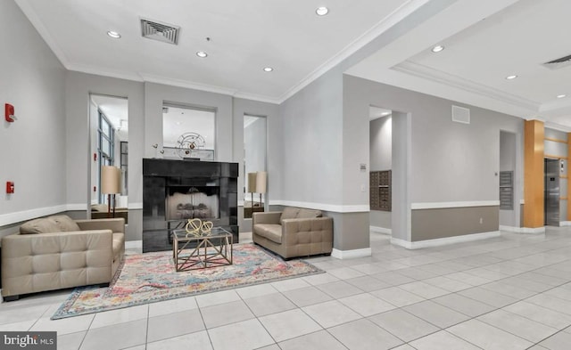 tiled living room featuring elevator and crown molding