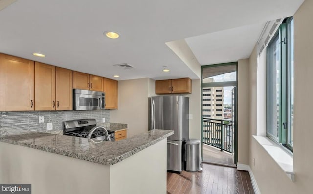 kitchen with kitchen peninsula, stainless steel appliances, light stone countertops, and a healthy amount of sunlight