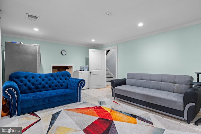 tiled living room featuring ornamental molding