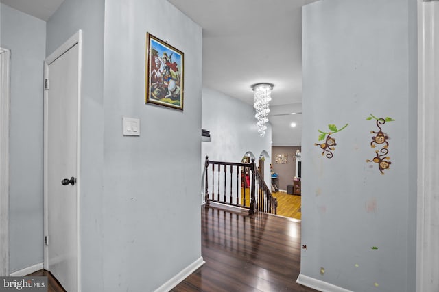 hall with dark hardwood / wood-style flooring and a notable chandelier