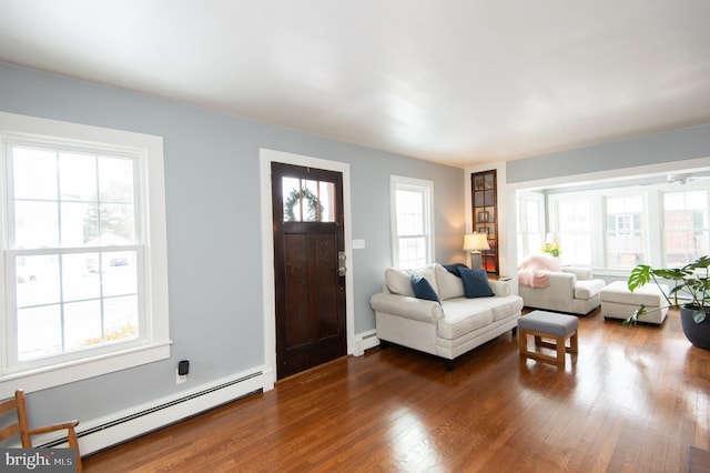 living room featuring dark hardwood / wood-style floors and baseboard heating