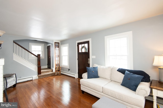 living room with dark wood-type flooring and a baseboard heating unit