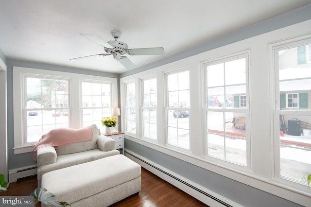 sunroom featuring baseboard heating and ceiling fan