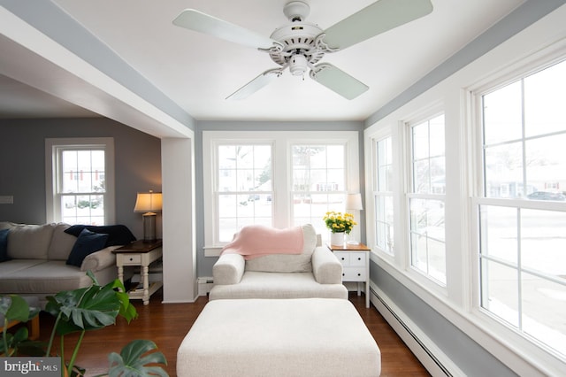 sunroom / solarium with ceiling fan and a baseboard radiator