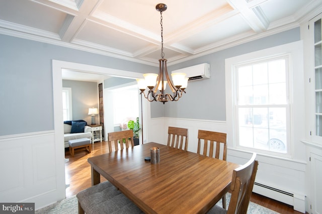 dining space with coffered ceiling, baseboard heating, a wealth of natural light, and a wall mounted AC