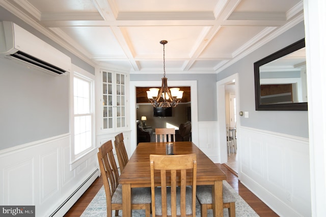 dining space featuring a wall mounted air conditioner, coffered ceiling, a baseboard heating unit, crown molding, and a notable chandelier