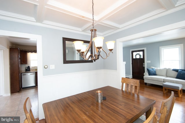 dining area featuring beam ceiling, a wealth of natural light, coffered ceiling, and a notable chandelier