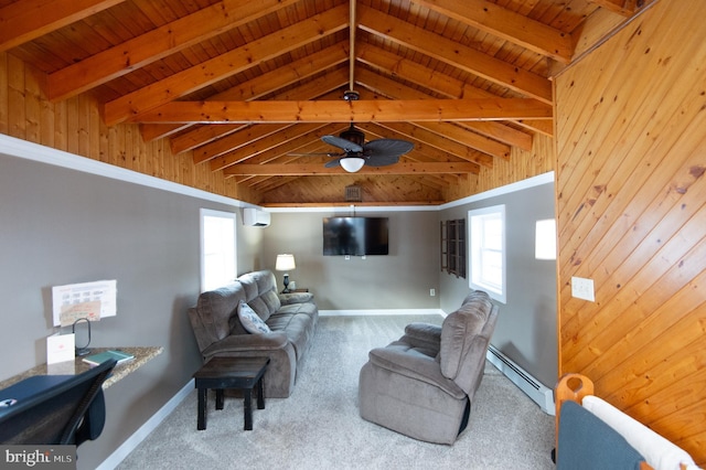 carpeted living room featuring wood walls, wood ceiling, a wall mounted AC, and a baseboard radiator