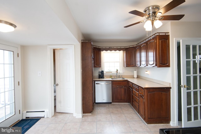 kitchen with dishwasher, ceiling fan, sink, and baseboard heating