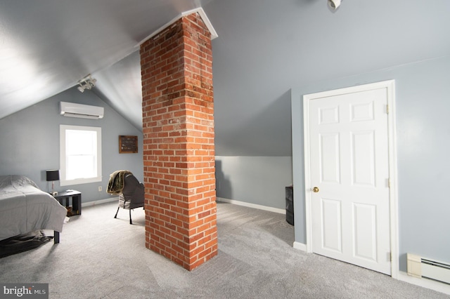 bedroom featuring a wall unit AC, light carpet, vaulted ceiling, and a baseboard heating unit