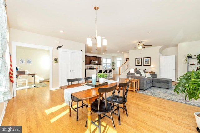 dining room featuring light hardwood / wood-style floors and ceiling fan with notable chandelier