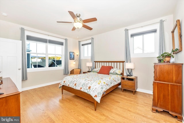 bedroom with ceiling fan and light wood-type flooring