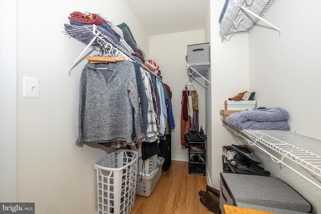 walk in closet with hardwood / wood-style flooring