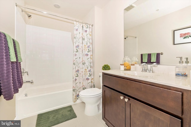 full bathroom featuring tile patterned flooring, vanity, toilet, and shower / bathtub combination with curtain