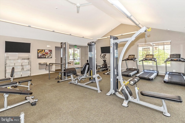 gym with vaulted ceiling