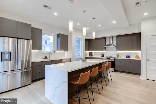 kitchen featuring sink, a kitchen island, wall chimney exhaust hood, and appliances with stainless steel finishes