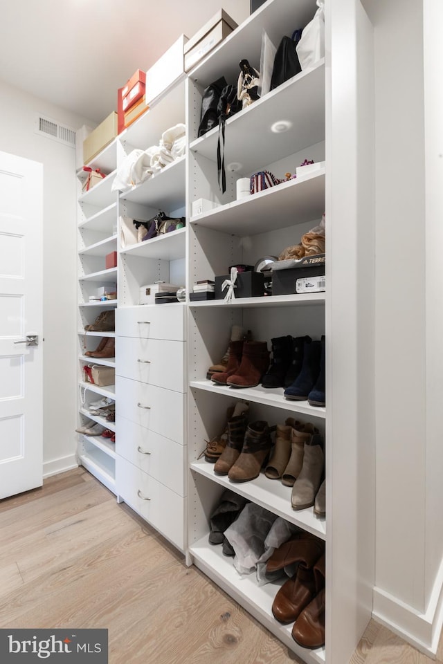 walk in closet with light wood-type flooring