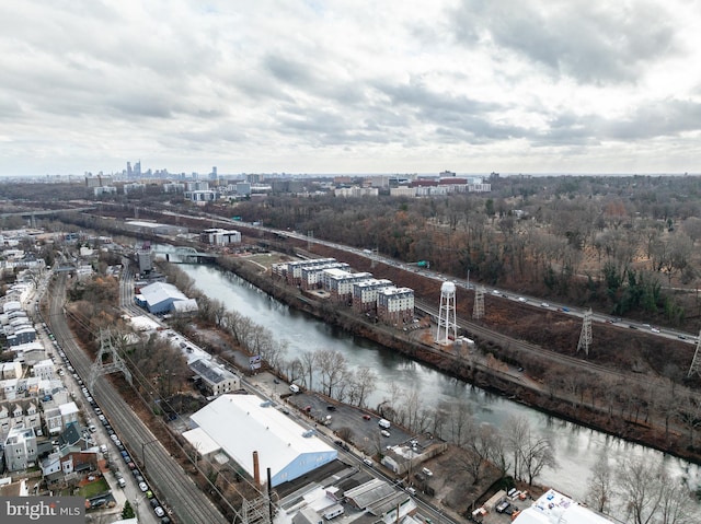 drone / aerial view featuring a water view