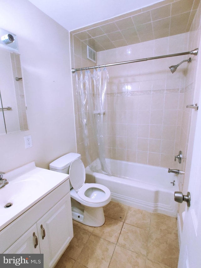 full bathroom with tile patterned floors, vanity, shower / bath combination with curtain, and toilet