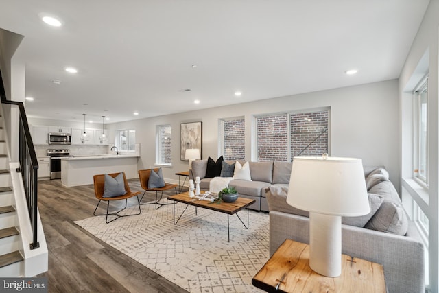 living room with wood-type flooring and sink