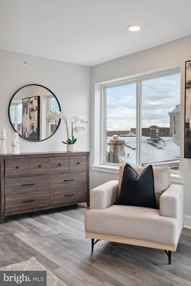 living area with hardwood / wood-style floors