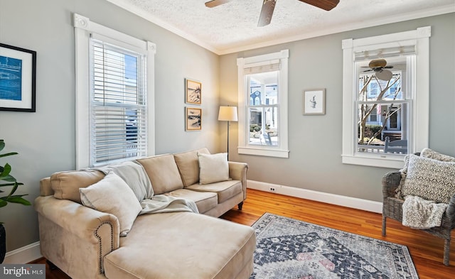 living area with baseboards, a ceiling fan, ornamental molding, wood finished floors, and a textured ceiling