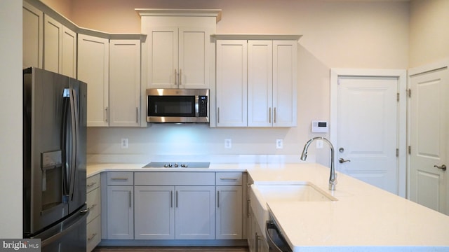 kitchen featuring appliances with stainless steel finishes, gray cabinets, and sink